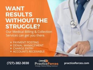 Medical professional in a white coat holding a tablet, promoting PracticeForces' medical billing and collection services, featuring text on payment posting, denial management, charge entry, and accounts receivable.