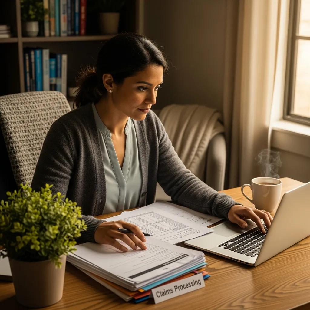 Healthcare professional reviewing billing documents in a cozy office setting