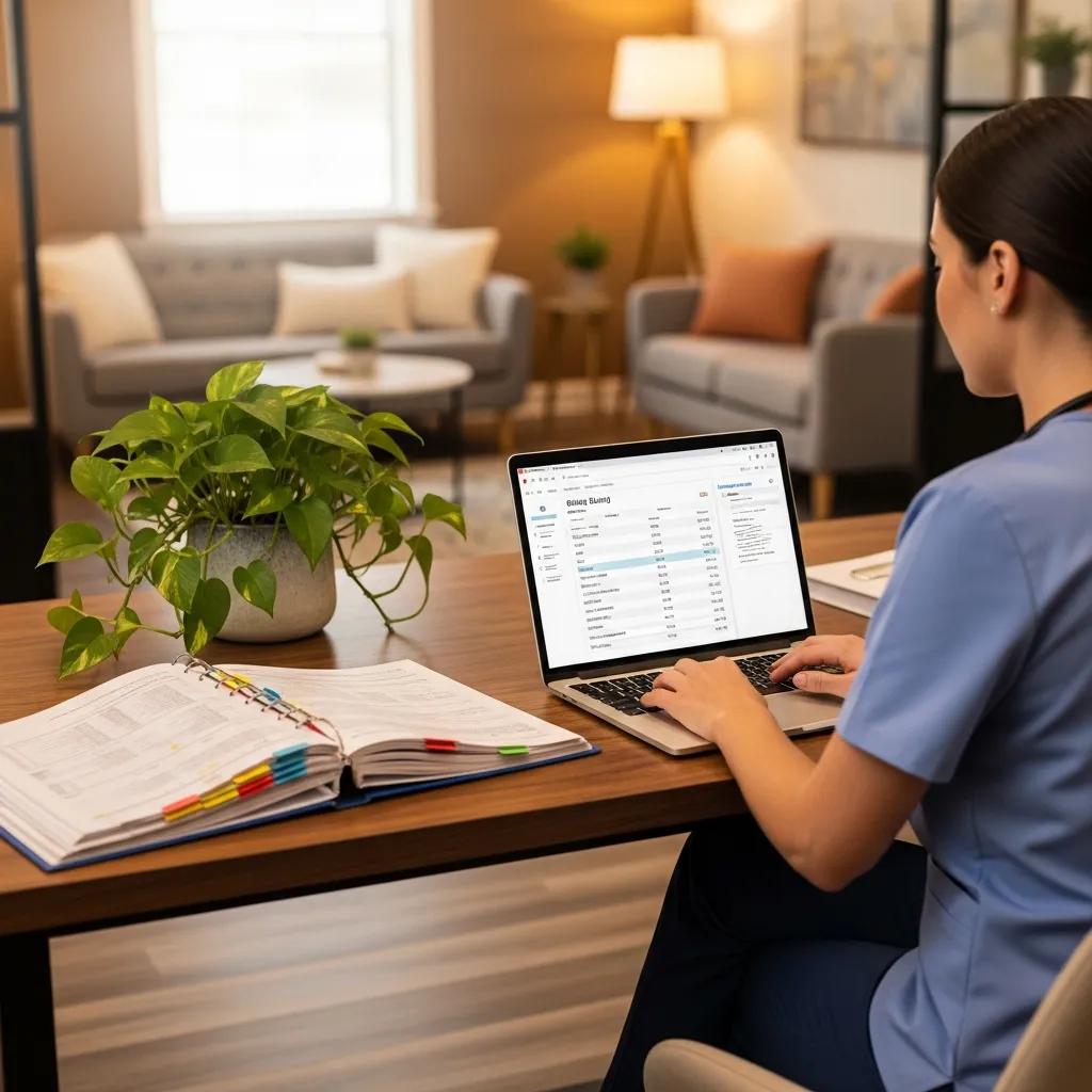 Healthcare professional reviewing billing information in a clinic, emphasizing revenue cycle management