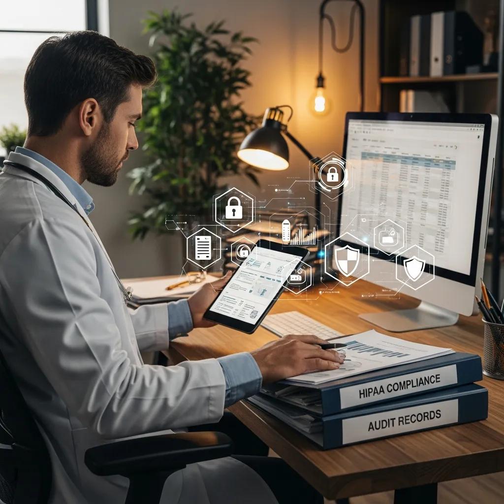Healthcare professional checking compliance documentation and security protocols