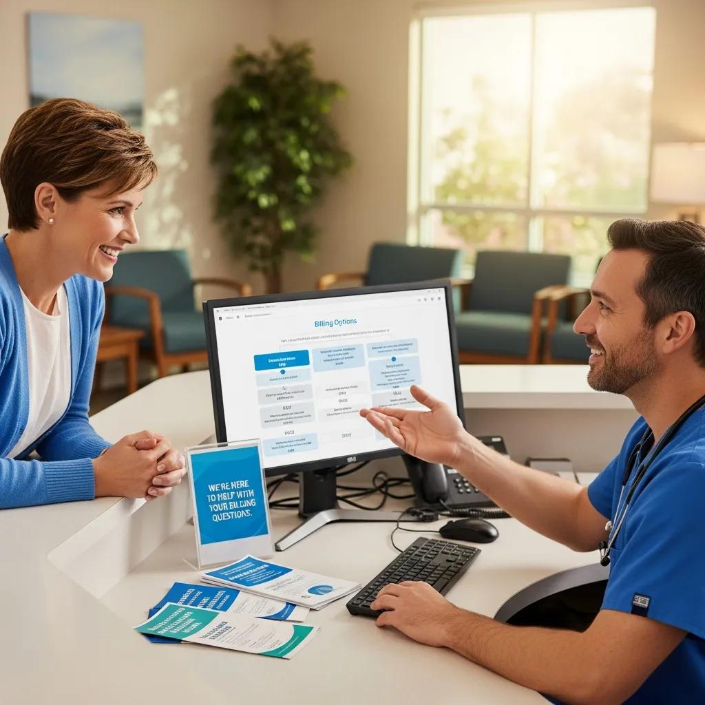 Patient discussing billing options with a healthcare provider at a reception desk
