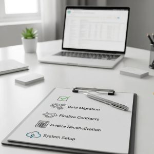 Desk with checklist and laptop outlining a billing transition plan