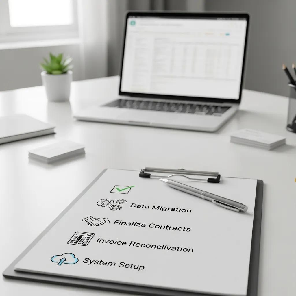 Desk with checklist and laptop outlining a billing transition plan