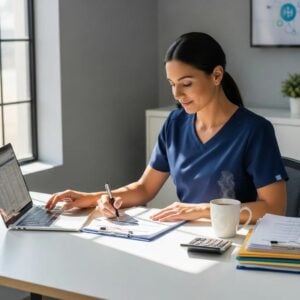 Healthcare provider analyzing medical billing documents in a modern office