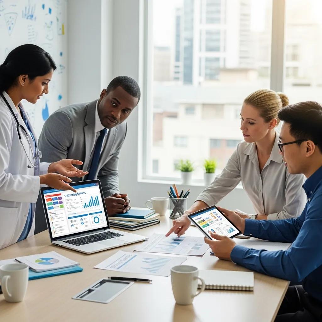 Healthcare providers collaborating on medical billing outsourcing in a modern office