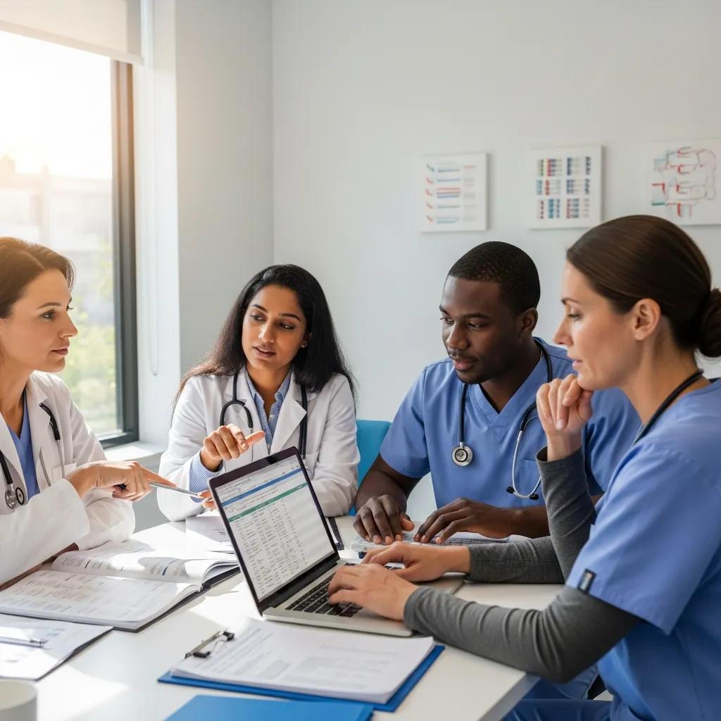 Healthcare providers collaborating on medical billing strategies in a modern office