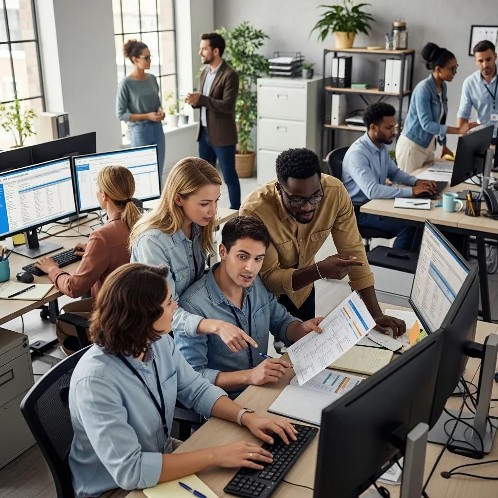 A team of billing specialists collaborating over claims paperwork