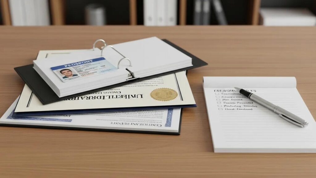 Essential credentialing documents arranged on a desk, representing the verification process