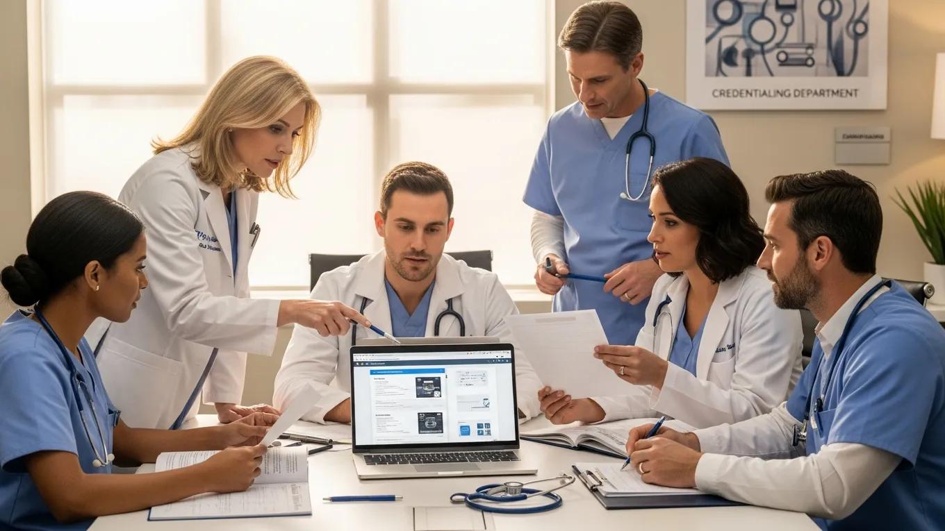 Healthcare professionals collaborating in a medical setting, highlighting teamwork in credentialing