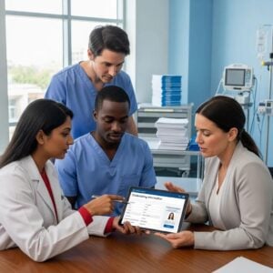 Healthcare professionals discussing credentialing in a modern medical office