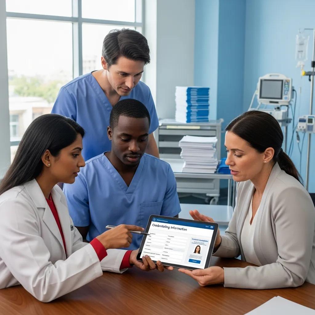 Healthcare professionals discussing credentialing in a modern medical office