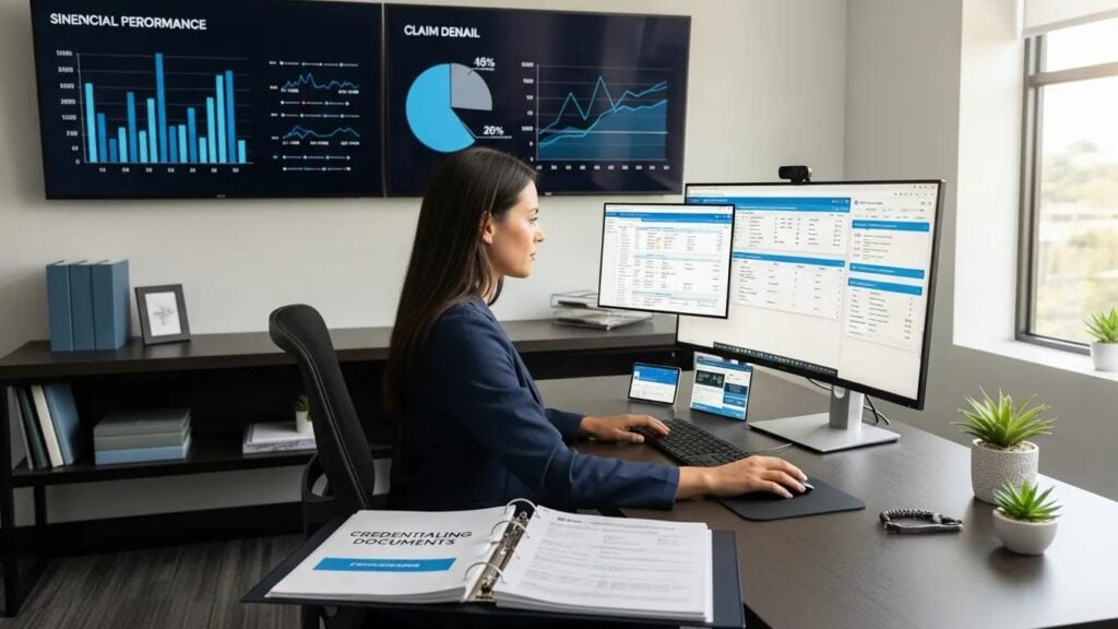 Healthcare provider analyzing billing statements, illustrating the integration of credentialing and billing