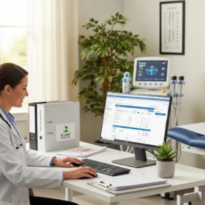 Medical professional using billing software in a small practice setting