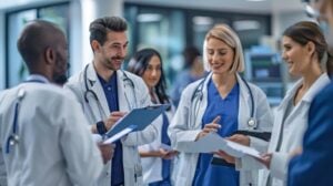 Healthcare professionals discussing the credentialing process in a modern office setting