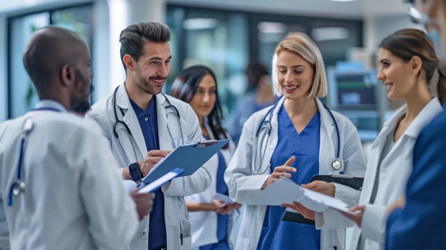 Healthcare professionals discussing the credentialing process in a modern office setting