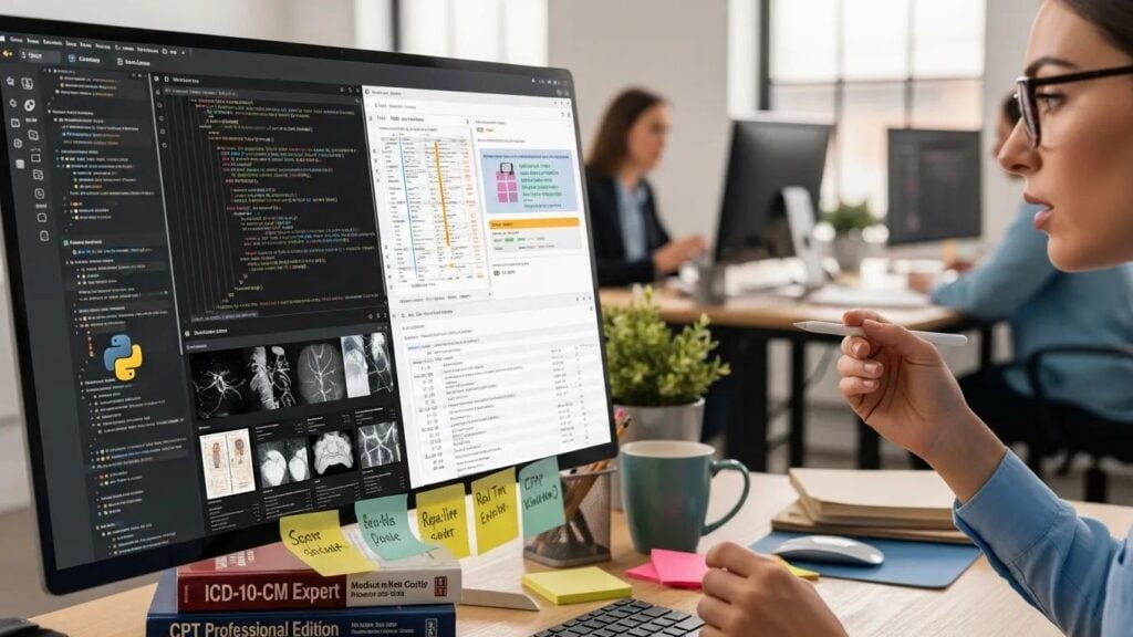 AI-driven coding software being used by a healthcare coder in a modern office
