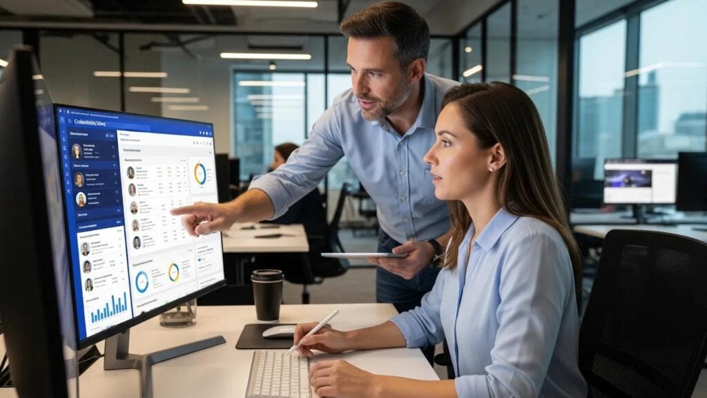 Healthcare administrator and outsourcing specialist collaborating on credentialing process in a modern workspace