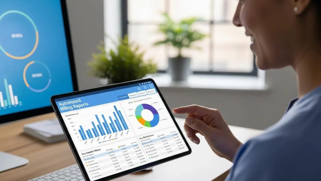Healthcare professional reviewing automated billing reports on a tablet