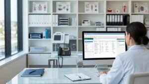 Healthcare provider using medical billing software in a modern office setting