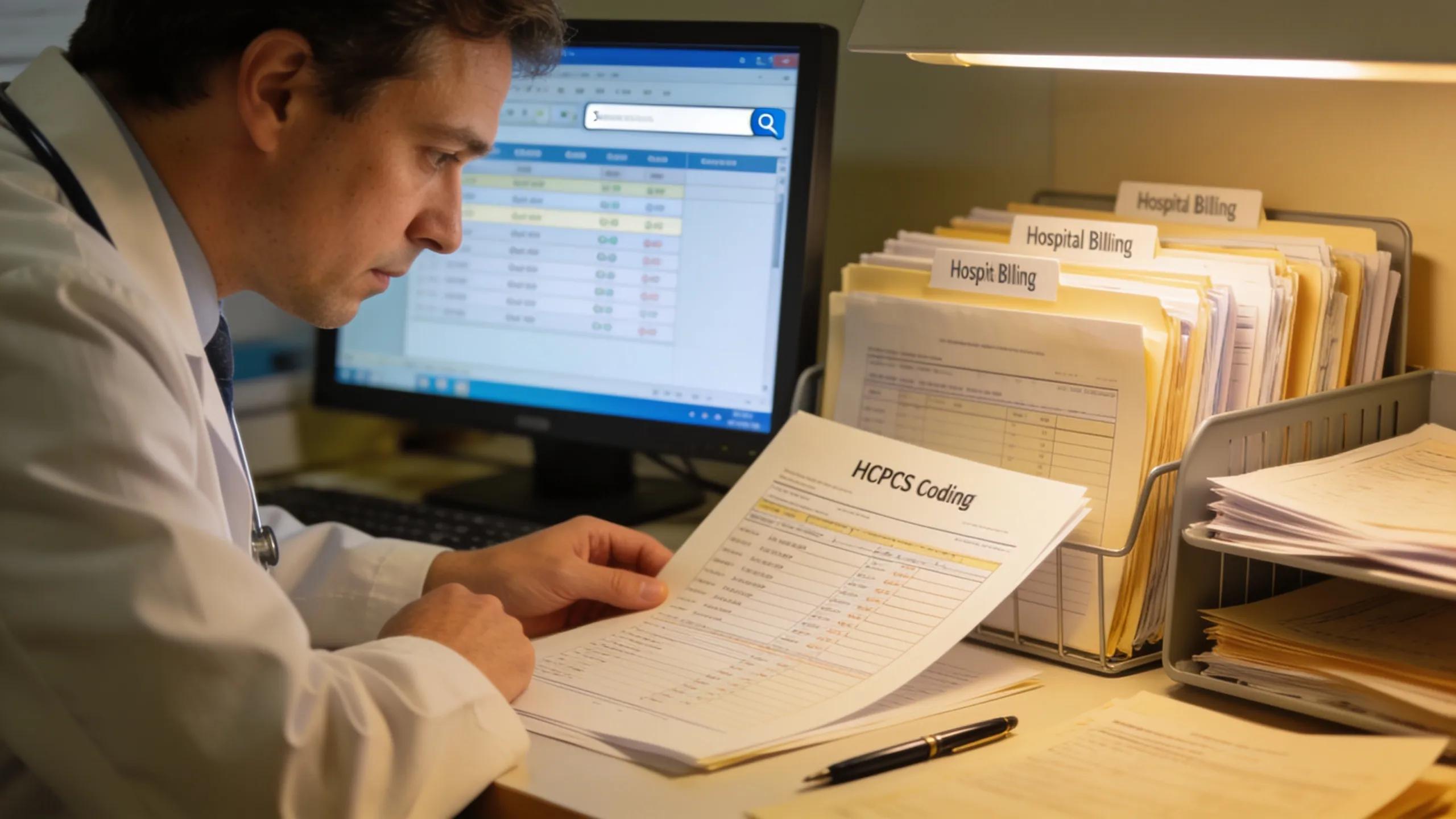 Healthcare professional reviewing HCPCS coding documents in a hospital