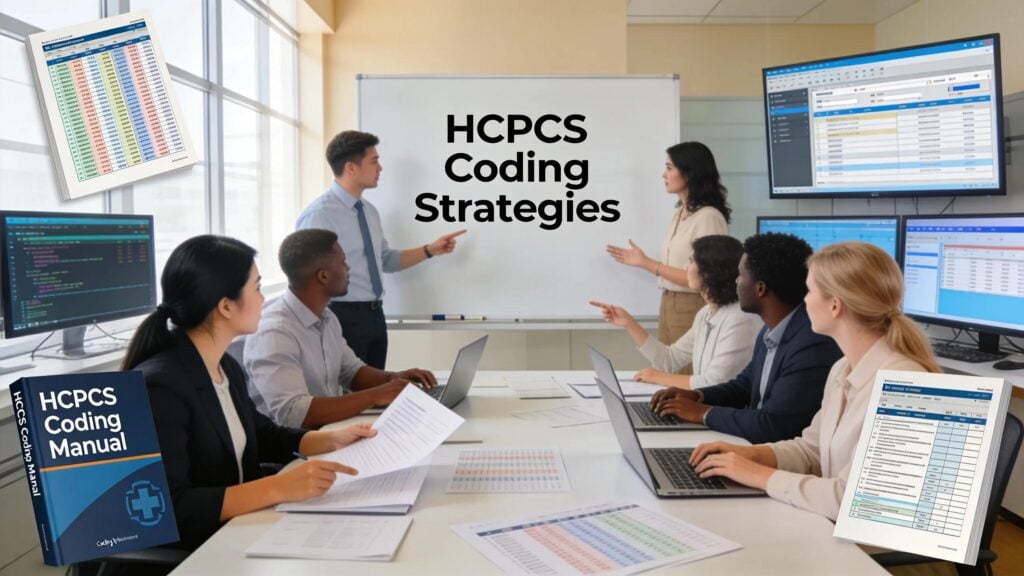 Diverse team of medical billing specialists collaborating on HCPCS coding