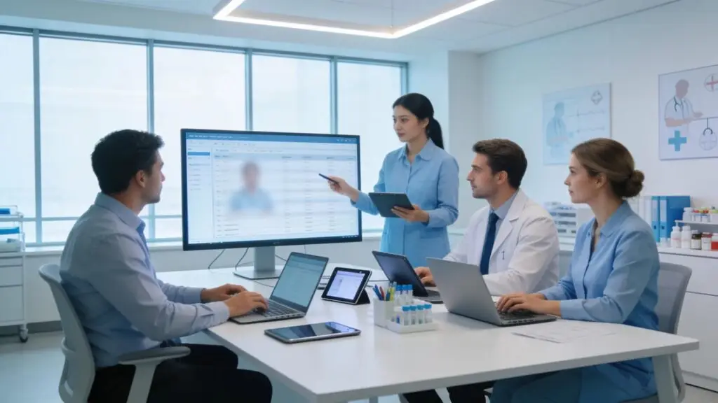 Healthcare team utilizing technology for automating patient referrals and improving workflow efficiency