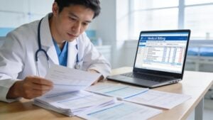 Healthcare provider auditing medical billing documents for accuracy in a hospital setting
