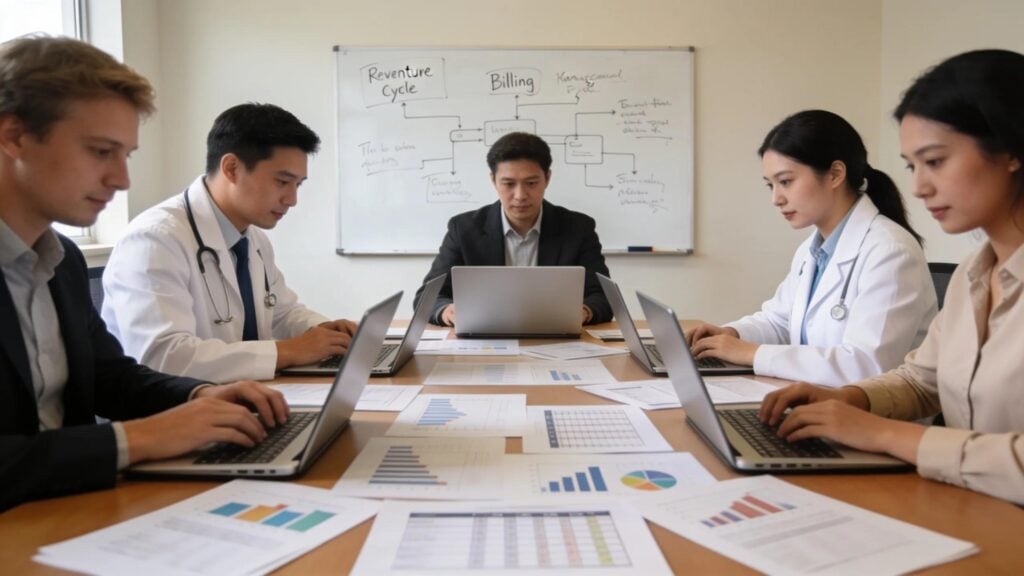 Healthcare staff collaborating with billing specialists to enhance revenue cycle management