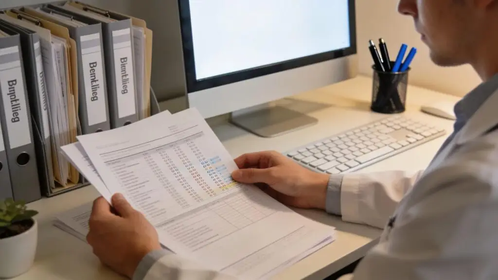 Medical billing professional reviewing documents to ensure referral accuracy and compliance in a healthcare setting
