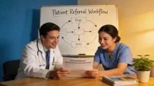Healthcare professionals collaborating on patient referrals and workflow efficiency in a medical office