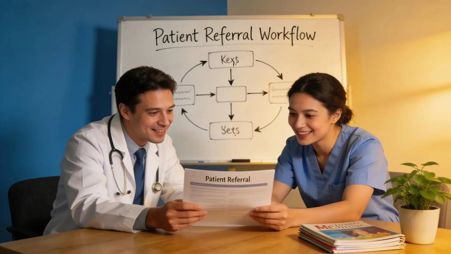 Healthcare professionals collaborating on patient referrals and workflow efficiency in a medical office