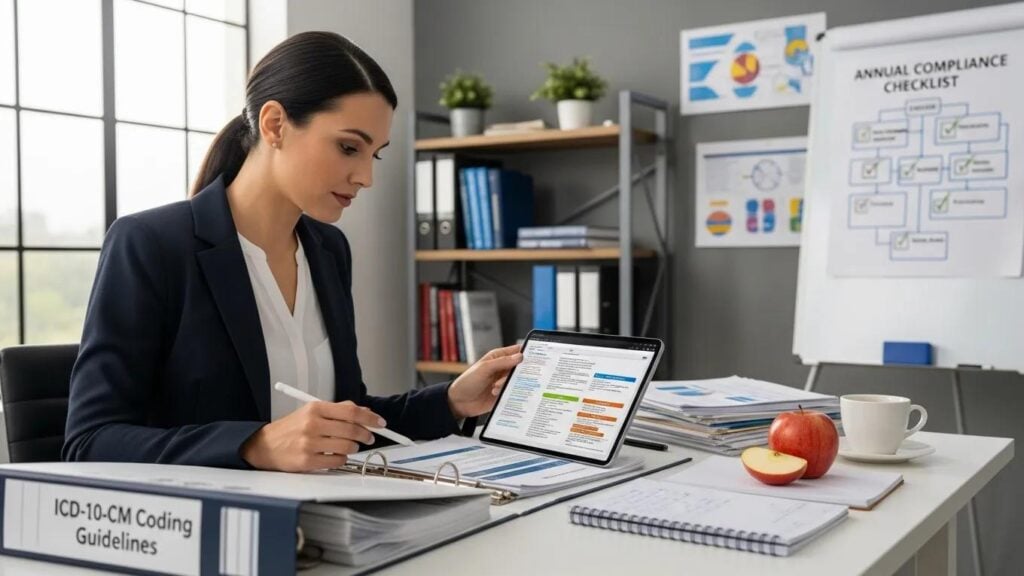 Healthcare compliance officer reviewing ICD-10 coding updates in a bright office