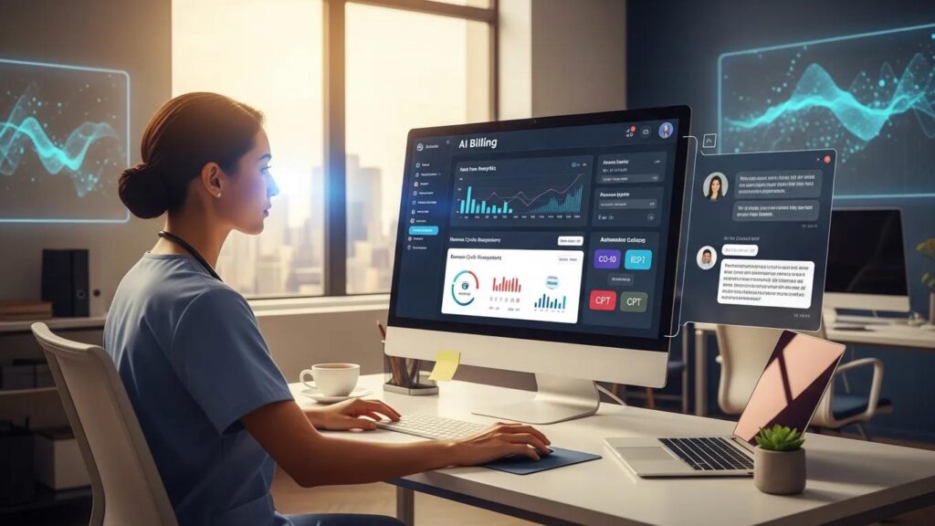 Healthcare professional utilizing AI software for enhanced medical billing compliance in a high-tech office