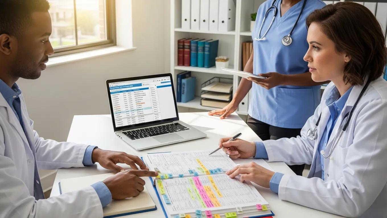 Healthcare professionals discussing hospital billing coding in a modern medical office