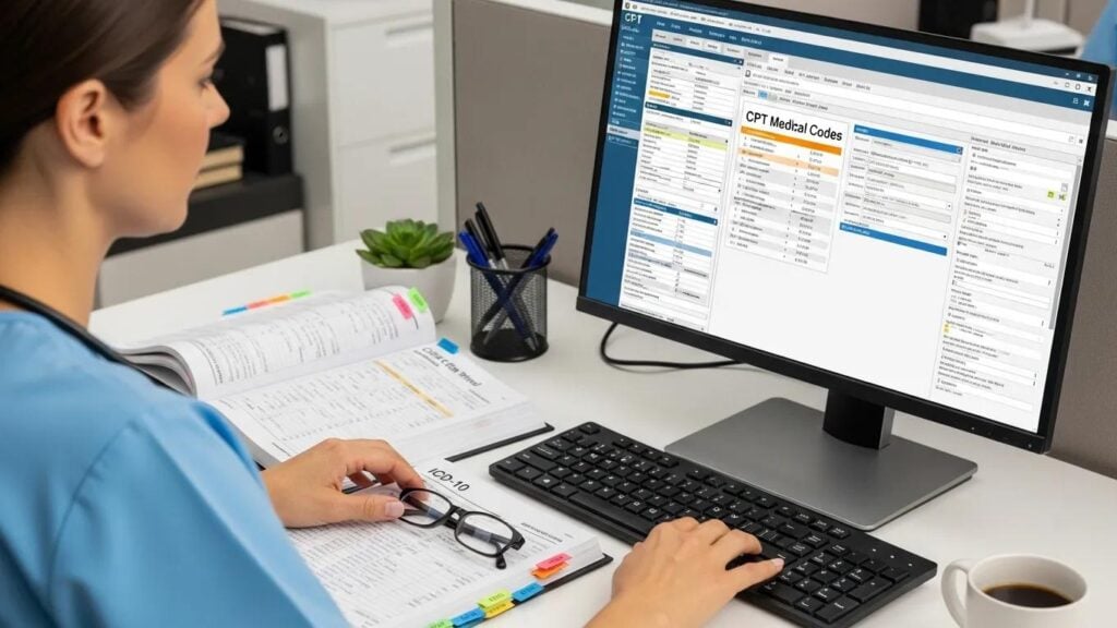 Medical coder entering CPT and ICD-10 codes in a professional workspace