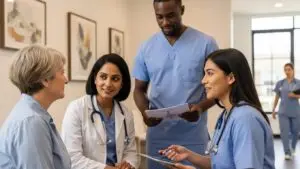 Group of healthcare professionals interacting with a patient in a clinic, emphasizing trust and care