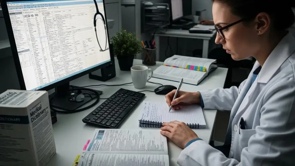 Healthcare professional reviewing ICD-10 coding guidelines