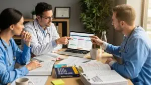 Healthcare professionals collaborating on medical coding standards