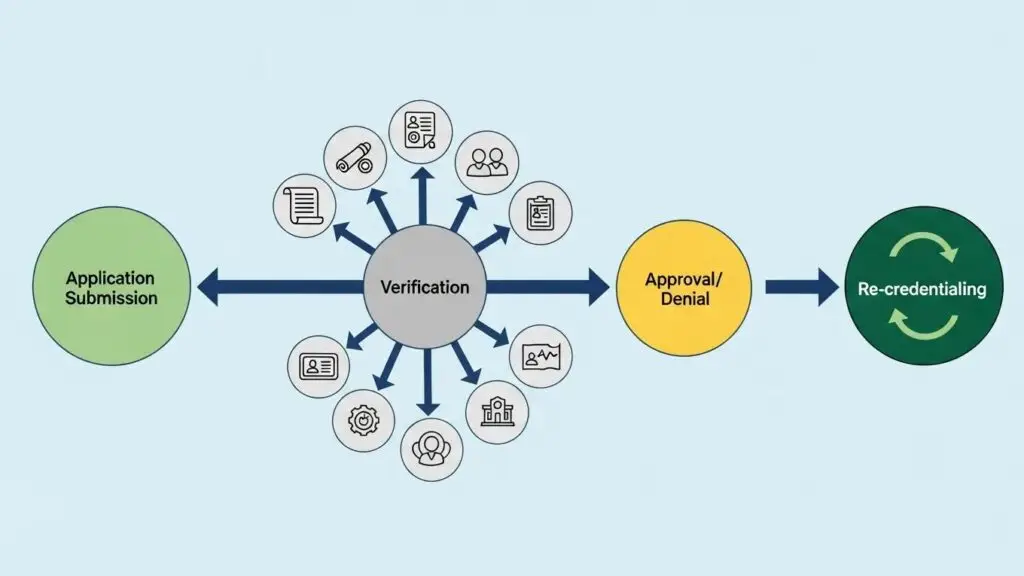 Illustration of healthcare credentialing steps, showcasing the process of verifying provider qualifications